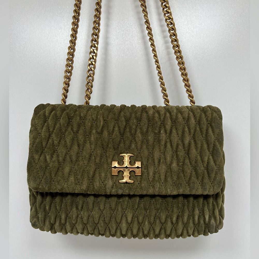 Tory Burch Olive Green Quilted Suede Crossbody with Gold Chain
